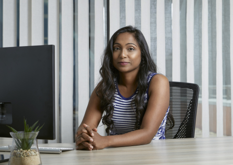 Karen Nadasen at a desk, Women in tech